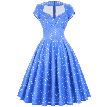 2016 Belle Poque Stock Cap manga V-cuello blanco punto azul estilo vintage algodón fresa 50s retro vestido BP000001-17